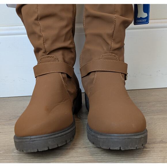 NEW Cherokee Womens Tall Boots 8 Brown Slouchy Knit Cuff Zip Buckle Lug Sole - Picture 6 of 12